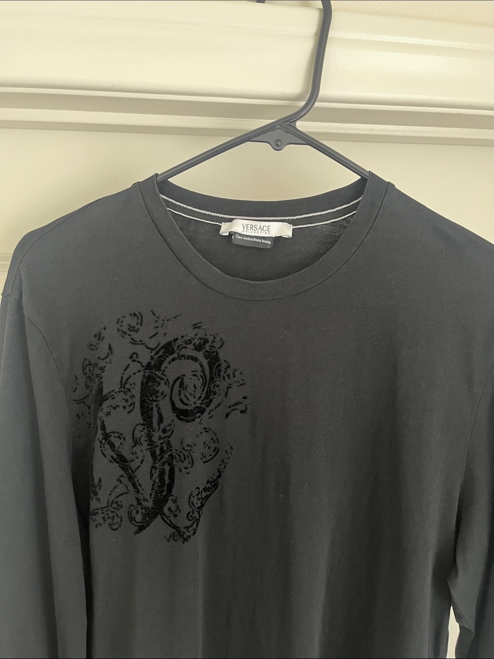 Versace Collection Black Long-Sleeve Tee with Tonal Baroque Detail